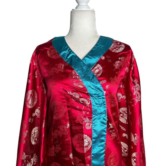 Vintage 90s Storybook Heirlooms Kimono Small Red Satin Dragon Long Sleeves - Picture 2 of 8